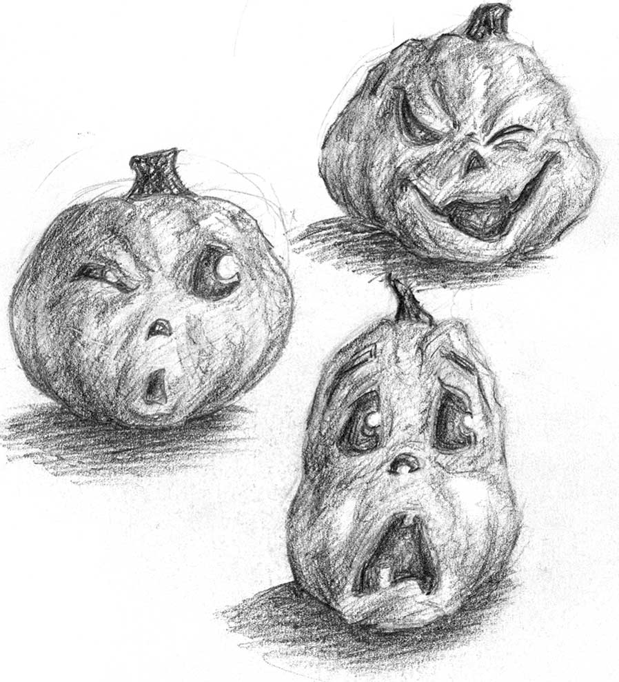 3 different jack-o-lanterns making facial expressions