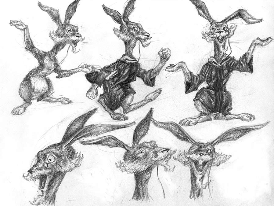 Character studies of a rabbit character with different poses and facial expressions