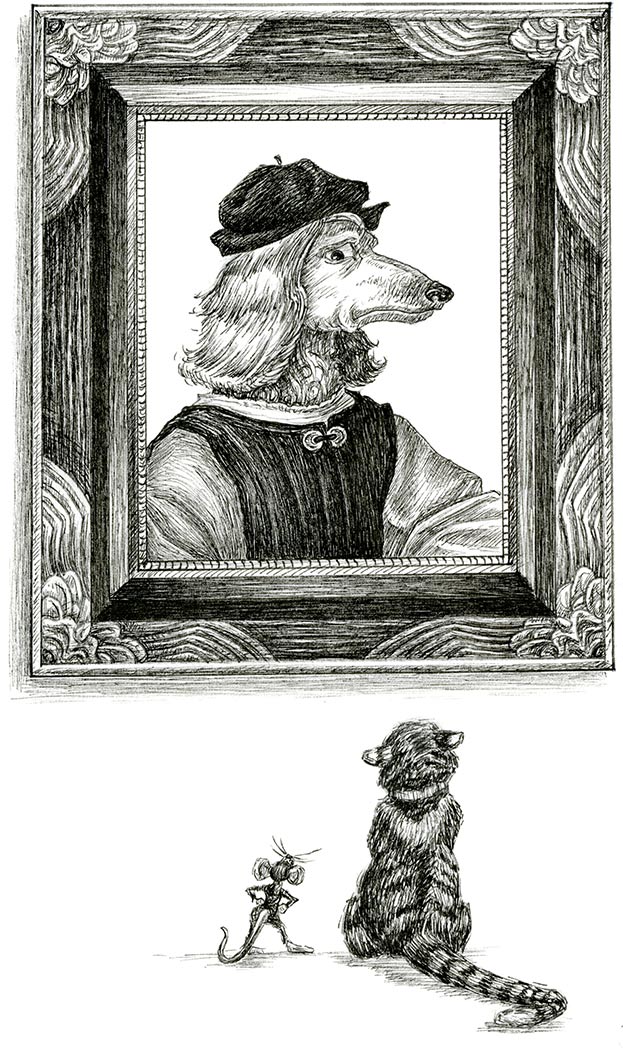A cat and mouse look up at a portrait of a dog