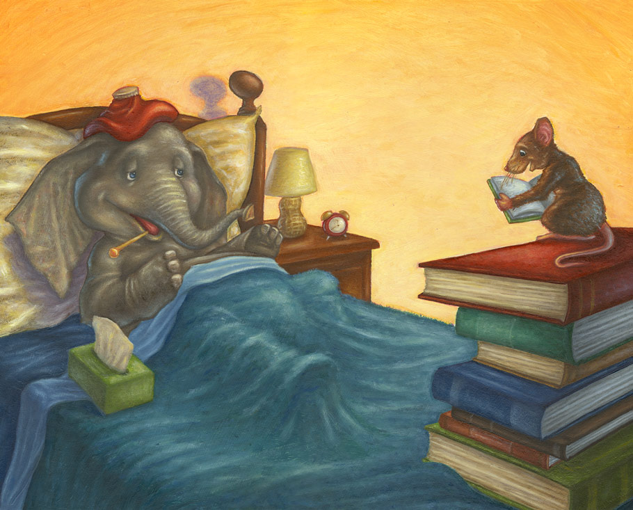 A mouse reads to a sick elephant